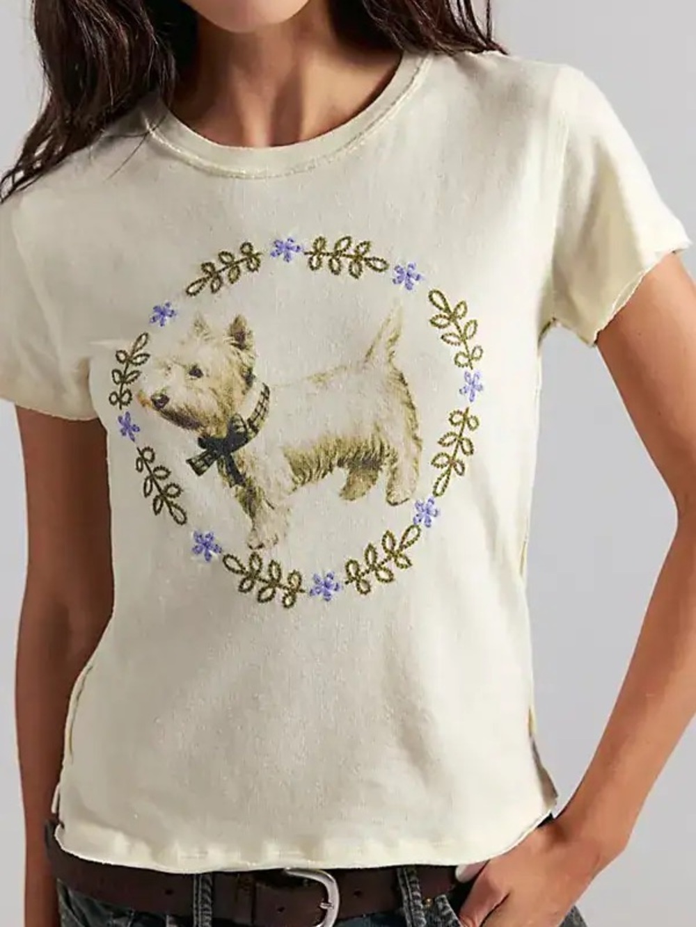 🐾 We The Free Fur Friend Tee Ivory Westie Dog Embroidered Top NWT L